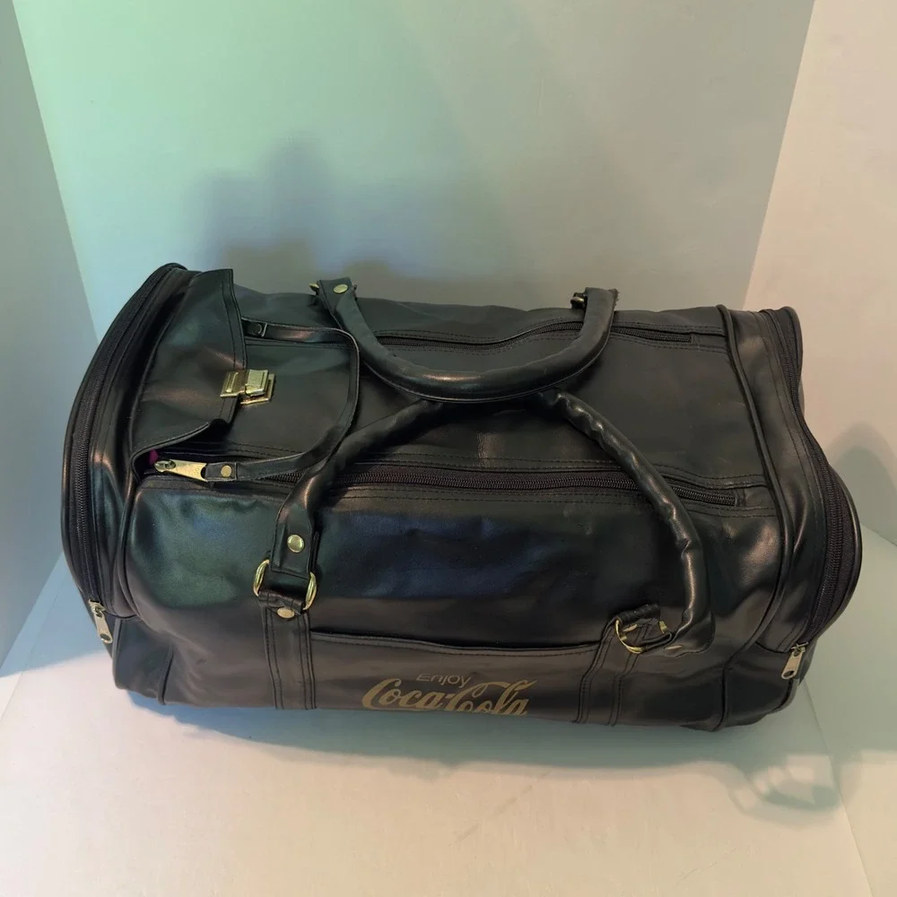 Vintage Coca-Cola Black Faux Leather Duffel Bag Gold Logo Travel Weekender